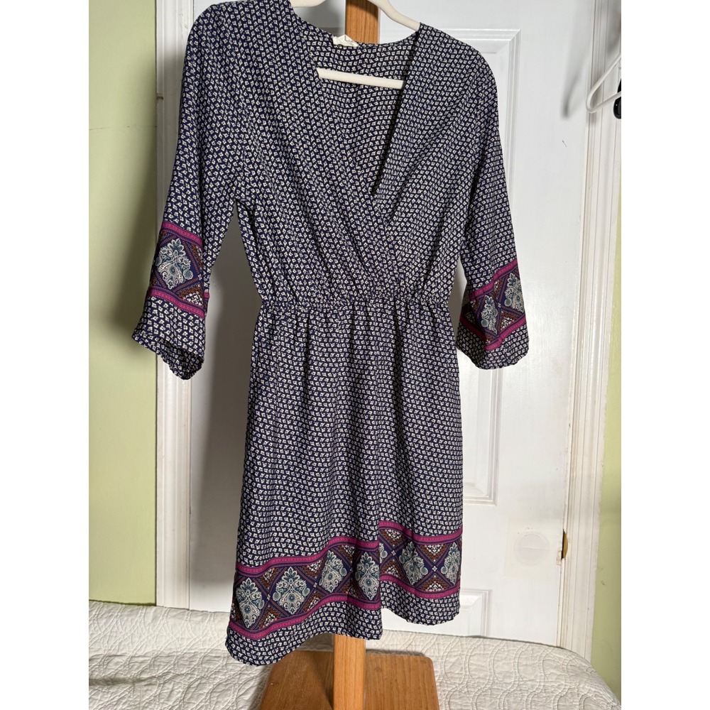 Teenplo USA Womens Navy Blue Floral Boho Surplice Mini Dress Medium D2319
